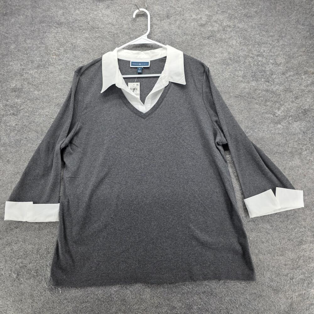 Karen Scott Sweater Pullover Womens 1X Gray V-Neck Bell Sleeve Lightweight